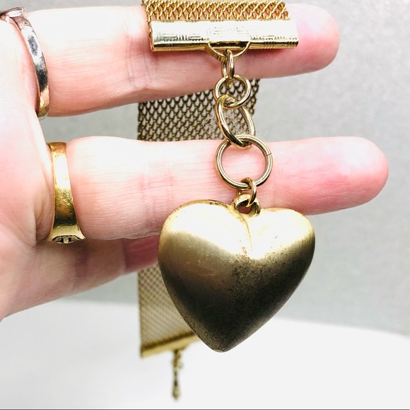 Vintage Brass Gold Electroplated Puff Heart Charm Wide Mesh Bracelet - Picture 10 of 14